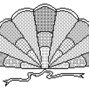 Könnte beinhalten: Schwarzweißes Linienkunstdesign eines Fächers mit einem dekorativen Muster. Der Fächer besteht aus mehreren Abschnitten mit verschiedenen geometrischen Mustern. Der Fächer hat ein Band, das um den Griff gebunden ist.