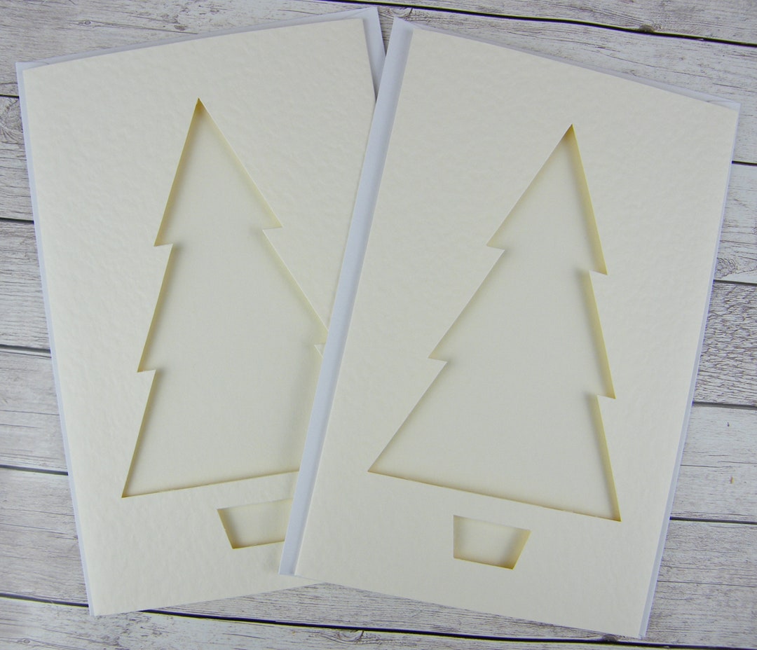 Pack of 2 Cream Christmas Tree Aperture Cards and Envelopes. 2 Fold Aperture Card, Envelope