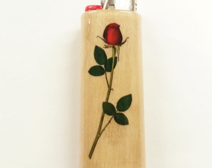 Long Stemmed Rose Flowers Roses Wood Lighter Case Holder Sleeve Cover Fits Bic Lighters