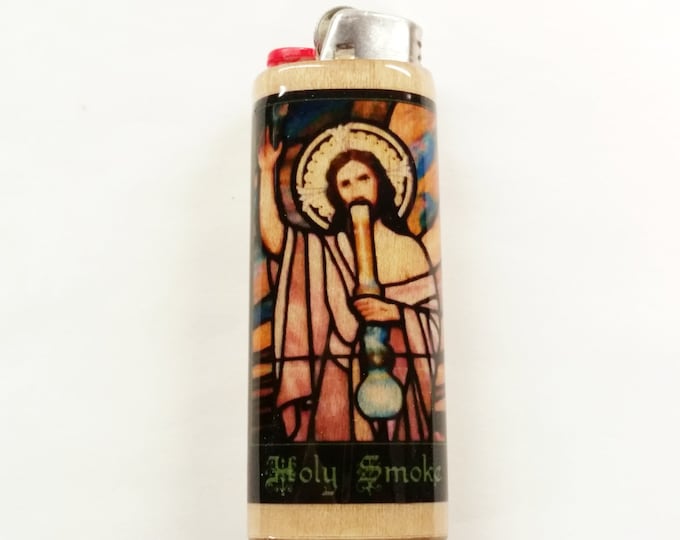 Holy Smoke Jesus Bong Wood Lighter Case Holder Sleeve Cover Fits Bic Lighters