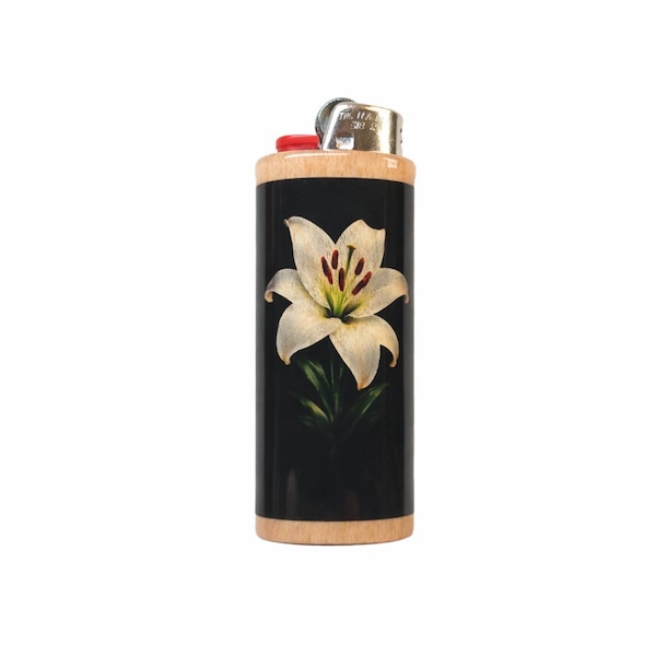White Lily Flower Wood Lighter Case Elegant Floral Bic Sleeve Handmade Minimalist Aesthetic Holder Nature Inspired Gift