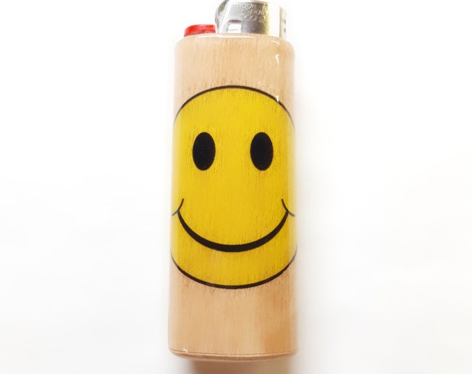 Smiley Face Wood Lighter Case Holder Sleeve Cover Fits Bic Lighters Fits Bic Lighters