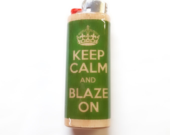 Keep Calm And Blaze On Wood Lighter Case Holder Sleeve Cover Fits Bic Lighters