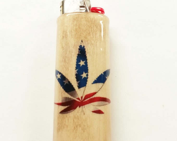 American Flag Pot Leaf Wood Lighter Case American Holder Sleeve Cover Fits Bic Lighters