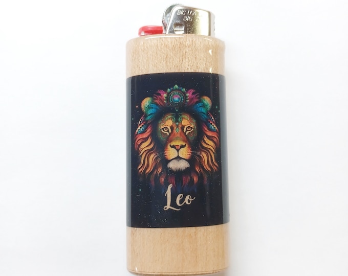 Leo Zodiac Sign Astrology Wood Lighter Case Holder Sleeve Cover Fits Bic Lighters