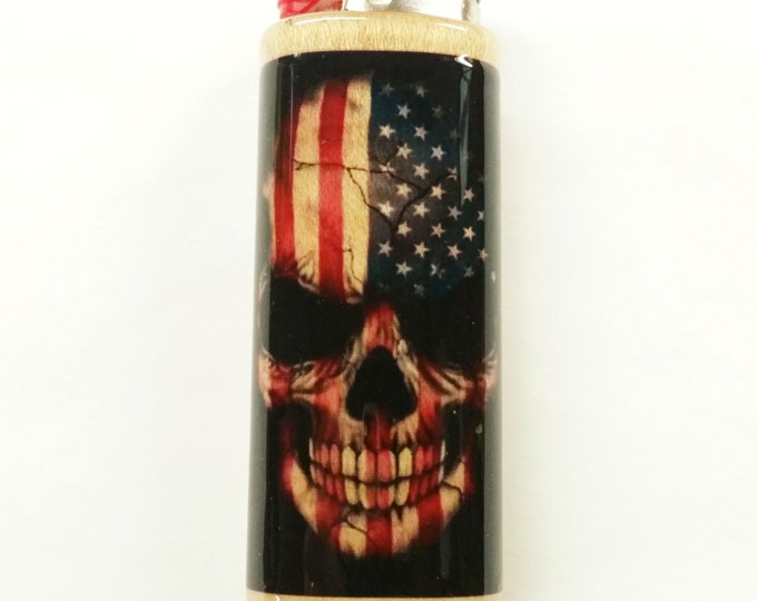 Skull Flag Wood Lighter Case American Holder Sleeve Cover Fits Bic Lighters