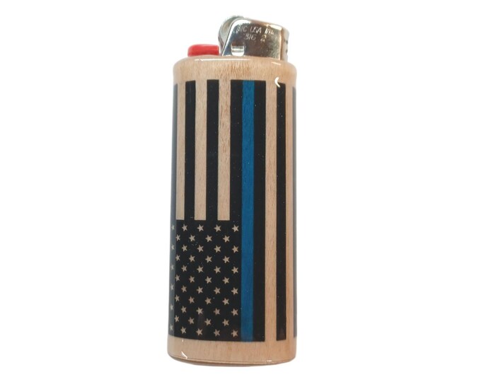 Police Thin Blue Line Wood Lighter Cover Case Sleeve Holder Cover Fits Bic Lighters