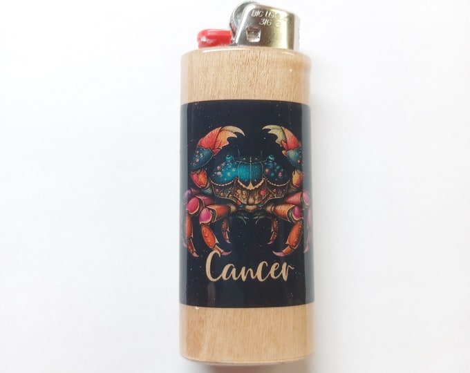 Cancer Zodiac Sign Astrology Wood Lighter Case Holder Sleeve Cover Fits Bic Lighters