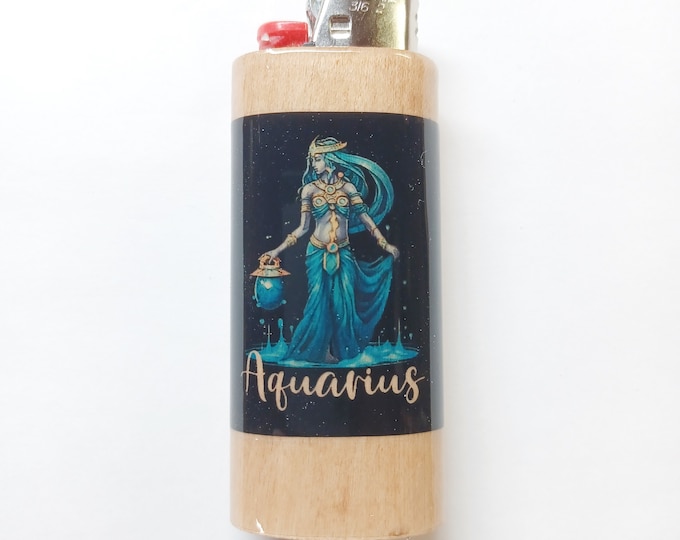 Aquarius Zodiac Sign Astrology Wood Lighter Case Holder Sleeve Cover Fits Bic Lighters