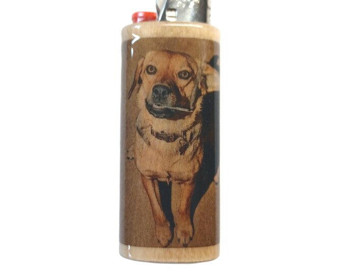Dog Smoking Joint Wood Lighter Case Holder Sleeve Cover Fits Bic Lighters