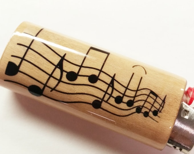 Musical Notes Wood Lighter Case Holder Sleeve Cover Musician Music Fits Bic Lighters