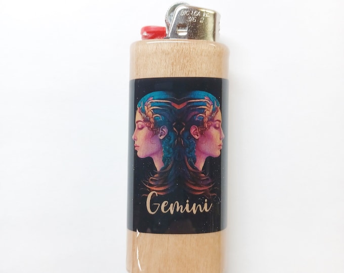 Gemini Zodiac Sign Astrology Wood Lighter Case Holder Sleeve Cover Fits Bic Lighters