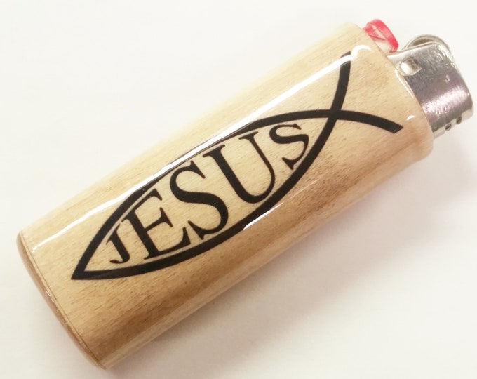 Jesus Fish Wood Lighter Cover Case Sleeve Holder Fits Bic Lighters