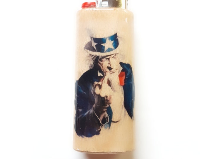 Uncle Sam Flipping Off Giving Bird Wood Lighter Case Holder Sleeve Cover Fits Bic Lighters