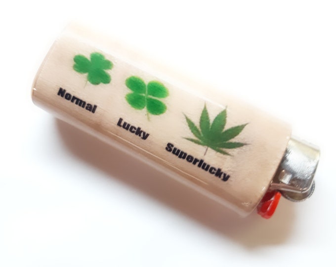 Normal Lucky Super Lucky Pot Leaf Wood Lighter Case Holder Sleeve Cover Fits Bic Lighters