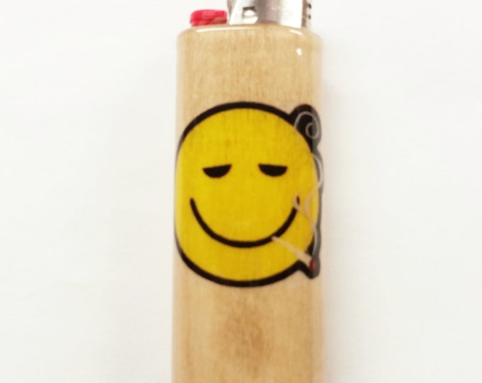 Smiley Face Smoking Joint Wood Lighter Case Holder Sleeve Cover Fits Bic Lighters