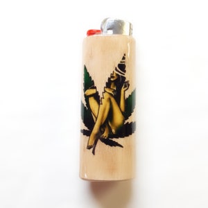 Mary Jane Pot Leaf Woman Lighter Case Holder Sleeve Cover Fits Bic Lighters