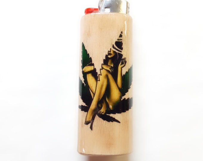 Mary Jane Pot Leaf Woman Wood Lighter Case Holder Sleeve Cover Fits Bic Lighters