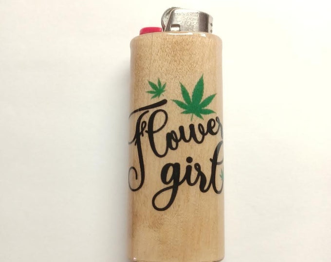 Flower Girl Pot Leaf Wood Lighter Case Holder Sleeve Cover Fits Bic Lighters