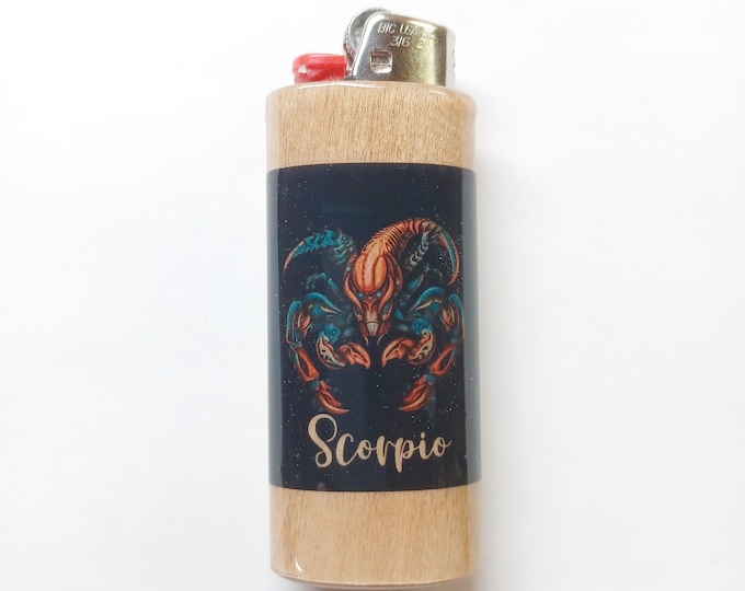 Scorpio Zodiac Sign Astrology Wood Lighter Case Holder Sleeve Cover Fits Bic Lighters