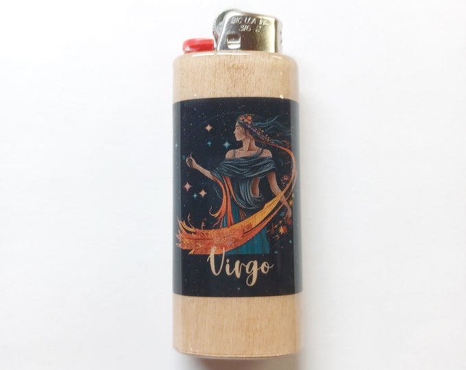 Virgo Zodiac Sign Astrology Wood Lighter Case Holder Sleeve Cover Fits Bic Lighters