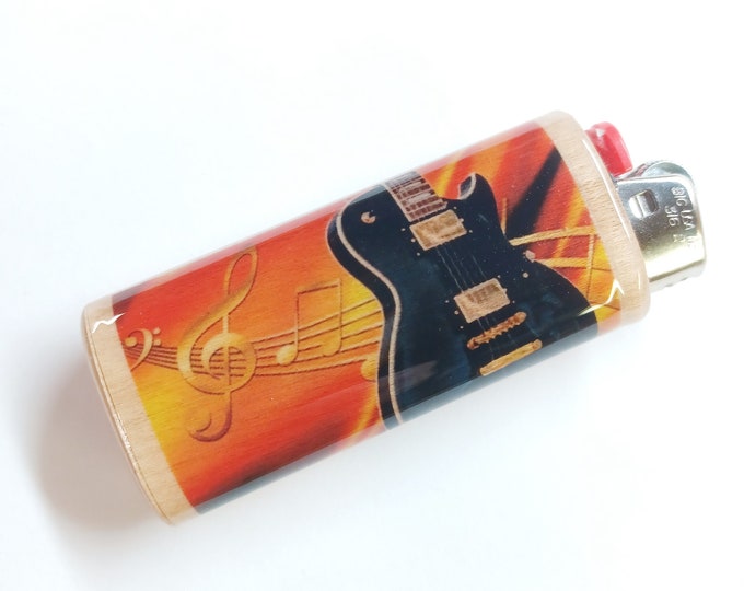 Guitar Music Musician Wood Lighter Case Holder Sleeve Cover Fits Bic Lighters