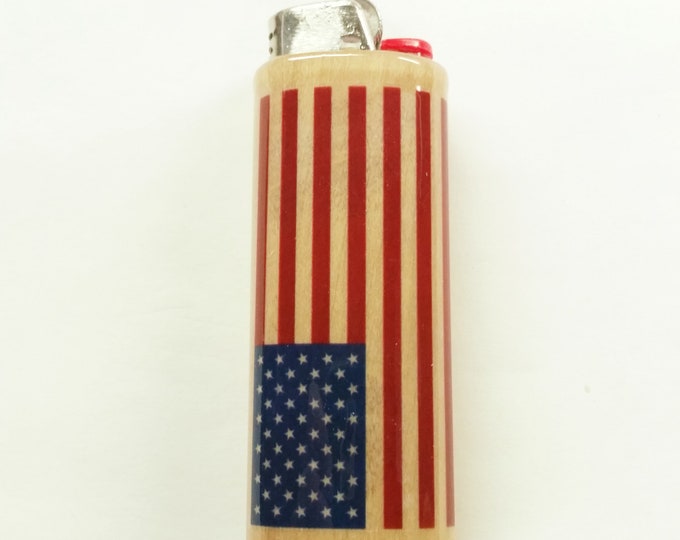 American Flag Wood Lighter Case United States Lighter Holder Sleeve Cover Fits Bic Lighters