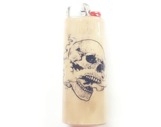 Smoking Skull Wood Lighter Case Holder Sleeve Cover Fits Bic Lighters