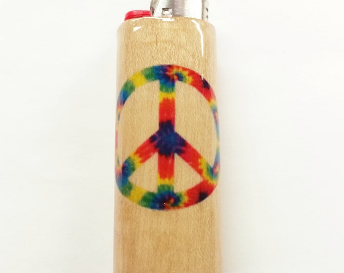 Peace Sign Wood Lighter Case Holder Sleeve Cover Fits Bic Lighters