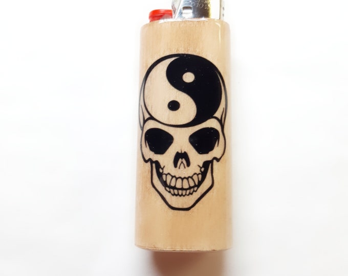 Yin Yang Skull Wood Lighter Case Holder Sleeve Cover Fits Bic Lighters