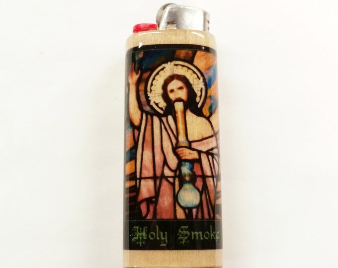 Holy Smoke Jesus Smoking Wood Lighter Case Holder Sleeve Cover Fits Bic Lighters