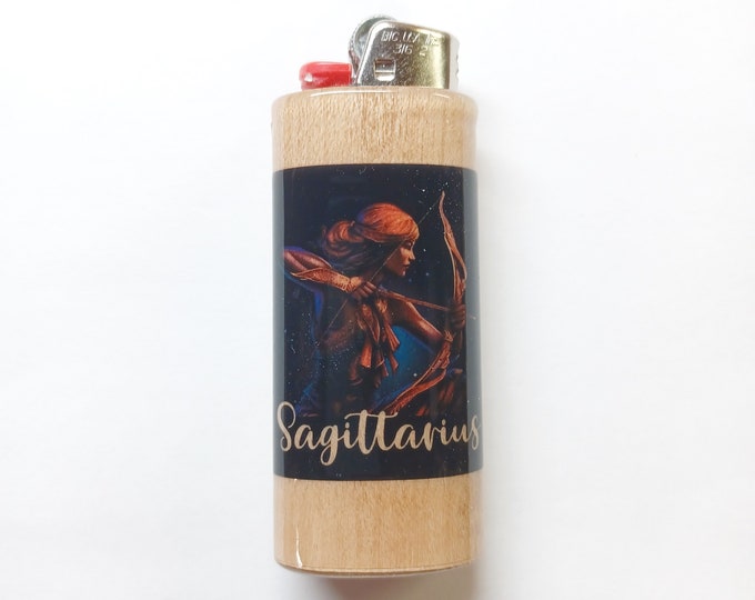 Sagittarius Zodiac Sign Astrology Wood Lighter Case Holder Sleeve Cover Fits Bic Lighters