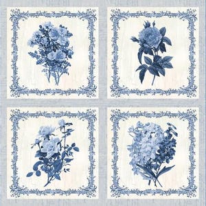 May include: Four blue and white floral designs in ornate frames on a light blue background. Each frame contains a different floral arrangement.