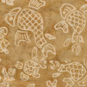 May include: A seamless pattern of white fish silhouettes on a brown background. The fish have a scaly design and are arranged in a repeating pattern.