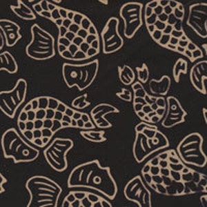May include: Black fabric with a repeating pattern of brown fish. The fish are stylized and have a scaly design.
