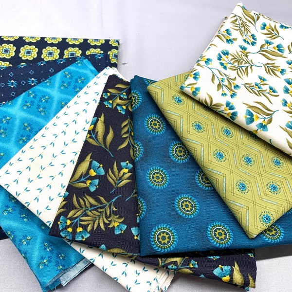 FQ Bundle of 8 - Aqua Navy Green -  Far Horizons & Shelburne  Henry Glass /  Free Spirit Fabrics