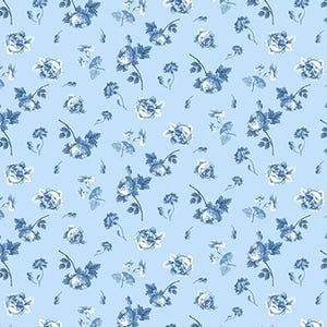 May include: A seamless pattern featuring blue floral designs on a light blue background. The pattern is made up of small, delicate flowers and leaves.