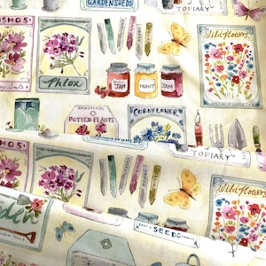 In The Garden  DCX9485 Cream  - D Garden Essentials   Flower Pots Garden Tools Jam Jars Seeds  Michael Miller