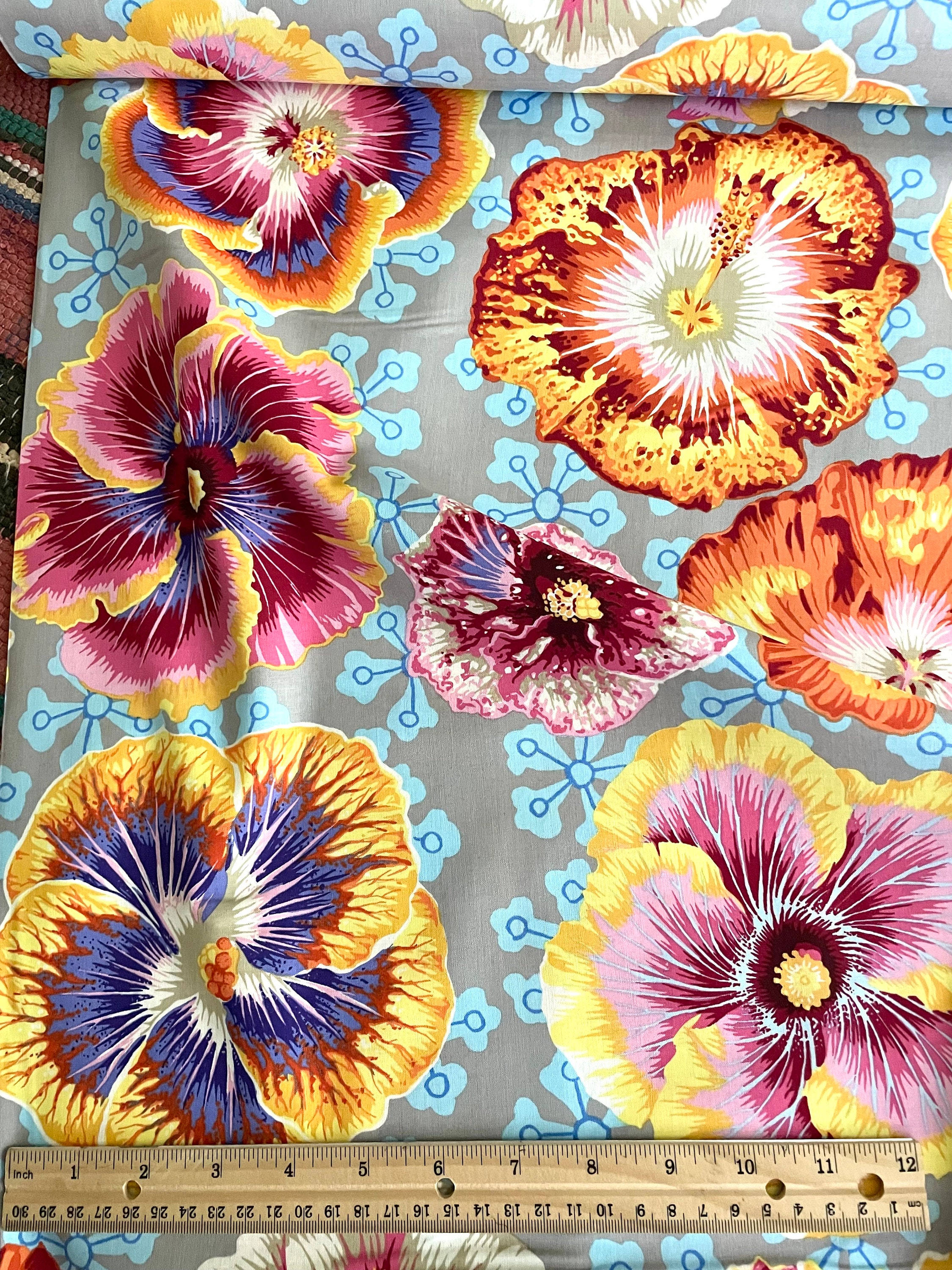 Floating Hibiscus PWPJ122 Grey Flowers Yellow Purple Orange Kaffe