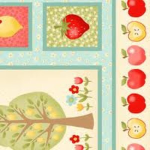 May include: A colorful fabric panel featuring fruit and floral designs. The panel includes images of a lemon, a strawberry, apples, and a tree with a brown trunk and green leaves. The background is a light blue with small white flowers.
