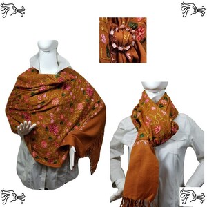 Cinnamon Brown Embroidered Kashmir 100% Wool 4 Way Ponchos Pashmina Scarf Wrap with Scarf Buckle or Tassel Accent