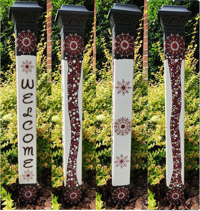 Garden Peace Pole Hand Painted with Solar Light Cap and Wire Stand Welcome Red Taupe Mandala Dot Painting Can be Customized Yard Art