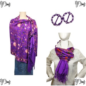 Purple Swirl Embroidered Kashmir 100% Wool 4 Way Ponchos Pashmina Scarf Wrap with Tassel or Scarf Buckle Accent