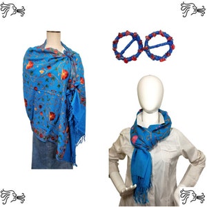 Turquoise Blue Embroidered Kashmir 100% Wool 4 Way Ponchos Pashmina Scarf Wrap