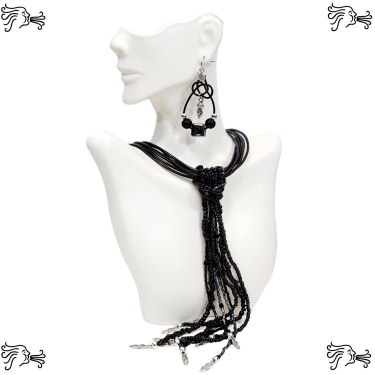 Multistrand Black Leather Choker w/ Beaded Strands Necklace & Celtic Knot Earrings