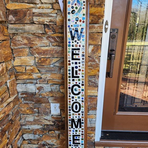 Tall Framed Glass Mosaic Outdoor Welcome Sign for Front Porch Vertical Ceramic Floral Design