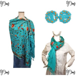 Teal Green Swirl Embroidered Kashmir 100% Wool 4 Way Ponchos Pashmina Scarf Wrap with Tassel Accent