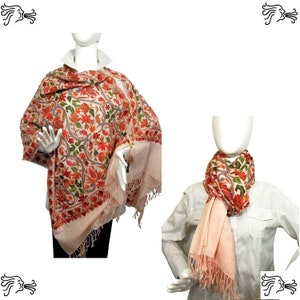Pink Embroidered Kashmir 100% Wool 4 Way Ponchos Pashmina Scarf Wrap with Tassel Accent