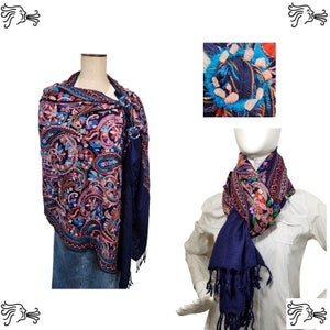 Navy Silver Embroidered Kashmir 100% Wool 4 Way Ponchos Pashmina Scarf Wrap with Tassel Accent