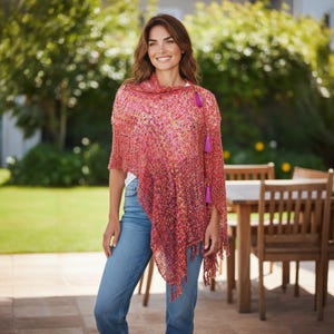 Multi Use Versatile Woven Ruby Magenta Tangerine Gold Lurex Vest Poncho Scarf with Scarf Buckle or Tassel Accents